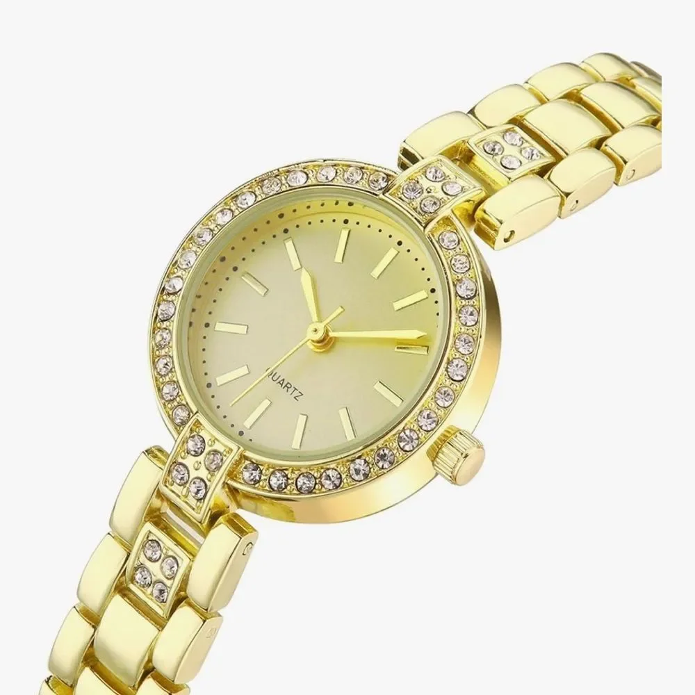 Women’s Gold Bracelet Watch Small Round Quartz Dial Crystal Bezel Rhinestone 90s